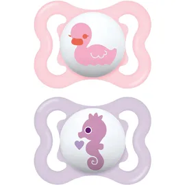MAM Schnuller Air S229, Auflagefläche mit extra großen Löchern für empfindliche Haut, mit SkinSoftTM-Silikon-Sauger für 0+ Monate, Rosa (2 Stück) mit automatischer Sterilisierungsbox, 0+ meses