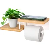 Gelewuld® Bambus Toilettenpapierhalter Mit Ablage, Klopapierhalter ohne Bohren aus Stahl&Bambus, Klorollenhalter Holz Weiß für Küche und Badzimmer, Toilettenpapierhalter Montage durch Bohren
