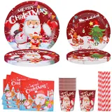 60 Stück Weihnachten Partygeschirr Set, Weihnachts Pappteller, Weihnachten Dekoration, Wiederverwendbares Besteck Set mit Papierteller, Servietten, Strohhalme, Pappbecher, Party Geschirr für 10 Gäste