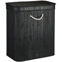 Relaxdays Wäschekorb Bambus, rechteckiger Wäschesortierer, 2 Fächer, Klappdeckel, platzsparend faltbar, 95 l, schwarz,