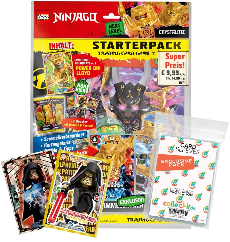 Bundle mit Lego Ninjago Serie 8 Next Level Trading Cards - 1 Starter + 2 Limitierte Star Wars Karten + Exklusive Collect-it Hüllen
