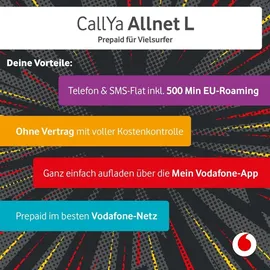 Vodafone Prepaid CallYa Allnet L | 100 GB | 20 EUR Guthaben | ohne Vertrag | 5G | Allnet Flat | EU-Roaming | weltweit nutzbar
