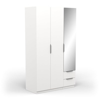 Demeyere Moderner Spiegel & Kleiderschrank mit 3 Türen, 2 Schubladen, 4 Fächern, Mattes Weiß, 119,4 x 51,1 x 203 cm, Holzwerkstoff, grau