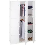 Relaxdays Regalsystem Kleiderschrank 11 Fächern, Garderobe mit 2 Kleiderstangen, DIY Kunststoff Steckregal, weiß