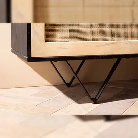 FineBuy Sideboard 175cm Mango Design Kommode mit 3 Rattan Wiener Geflecht Türen Schwarz