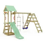 Wickey Spielturm TinyLoft mit Schaukel & Rutsche, Kletterturm mit Sandkasten, Leiter & Spiel-Zubehör – Pastellgrün