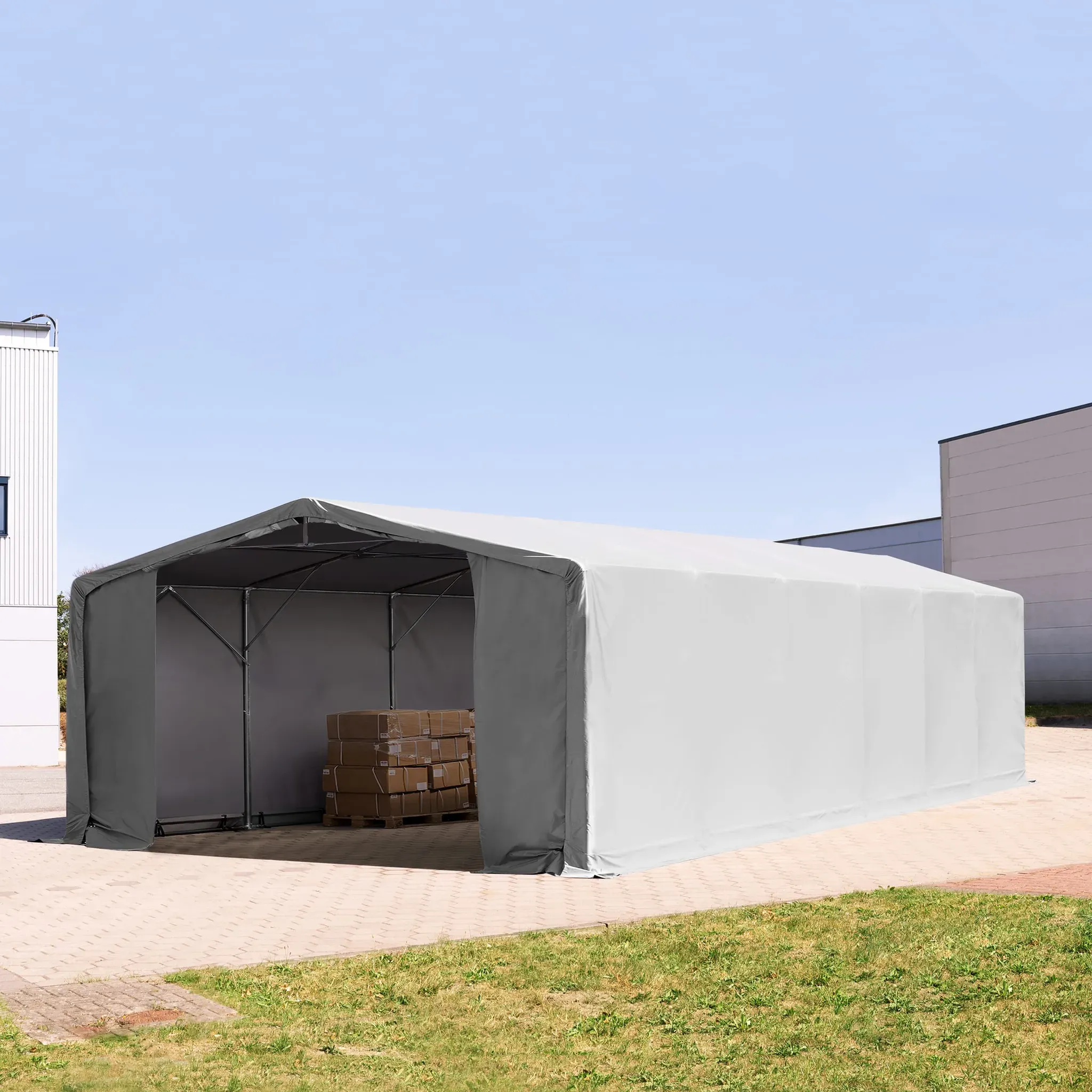 TOOLPORT Outlander 8x12m Zelthalle, PVC-Plane, grau, mit Statik (Betonuntergrund) - (94155)