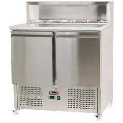 Romux® Saladette und Pizzatisch 2 Türen 90x70 cm für 5 GN 1/6 Behälter mit Marmorplatte und Stahlhaube | Kühltisch von Pizzen und Salaten