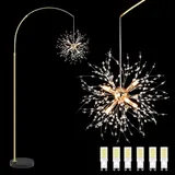 Modern Kristall Stehlampe Wohnzimmer,Gold Feuerwerk Bogenlampe Wohnzimmer Groß mit Fußschalter& Metallsockel,Verstellbare Hohe Glas Metall Standleuchte mit 6 LED-Glühbirne für Schlafzimmer Wohnzimmer