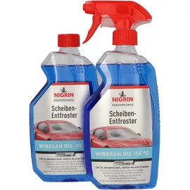 Nigrin Scheiben-Entfroster Sprühflasche 1x500ml + 1x500ml Nachfüllflasche, Scheiben-Enteiser-Spray, Pumpzerstäuber, wirksam bis -55° C, verhindert Wiedervereisung