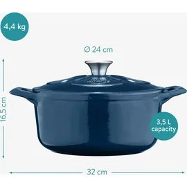 Navaris Gusseisen Topf - Gusseisen Bräter - Kochtopf 3,5l - Ø 24cm Schmortopf mit Deckel - Brotbacktopf - Brattopf - Für alle Speisen und Kochflächen - Dunkelblau