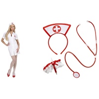 Widmann - Kostüm Krankenschwester, Kleid, Arzt, Faschingskostüme, Karneval & 9864Y - Kostümset Krankenschwester, Kopfteil, Strumpfband mit Spitze, Stethoskop, Mottoparty, Karneval