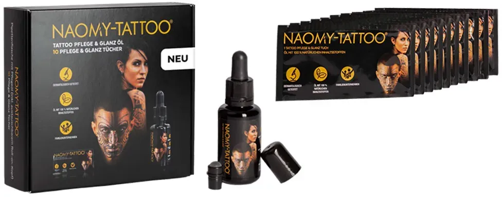 Naomy-Tattoo Öl & 10 Naomy-Tattoo Glanz- und Pflegetücher