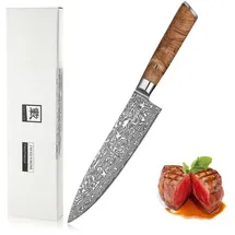 Zayiko Kinone Damast Chefmesser 20 cm Klinge I Wurzelholzgriff Birke