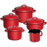 Riess, 0346-020, Classic-Set, 5tlg, COLOR ROT, Fleischtöpfe mit Deckel, 16cm - 1.5l, 18cm - 2.5l, 20cm - 3.5l, Kasserolle mit Deckel, 20cm - 2l, Schnabeltopf 12cm - 1l, Emaille, Kochtopfset