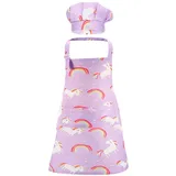 adakel 1 Set Kinderschürzen-Set mit Einhorn-Schürze und Kochmütze mit 2 Taschen, verstellbare Kochschürze und Hüte für Kinder für Jungen und Mädchen, Küche, Kochen, Backen, Malen, tragen (lila)