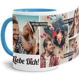 Tassendruck Fototasse mit Spruch - Ich Liebe Dich - zum Selbst gestalten personalisiert mit 4 Fotos, Innen & Henkel Hellblau, 300 ml