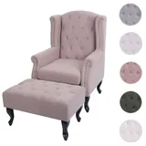 Mendler Sessel Chesterfield, Relaxsessel Clubsessel Ohrensessel, wasserabweisend Stoff/Textil - hellrosa mit Ottomane