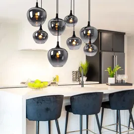 GLOBO Pendellampe Hängeleuchte Wohnzimmer Pendelleuchte Wohnzimmer Esstischleuchte rauch Glasschirm, Metall schwarz, Fassungen 8x E27, Lxbxh 105x45x120 cm