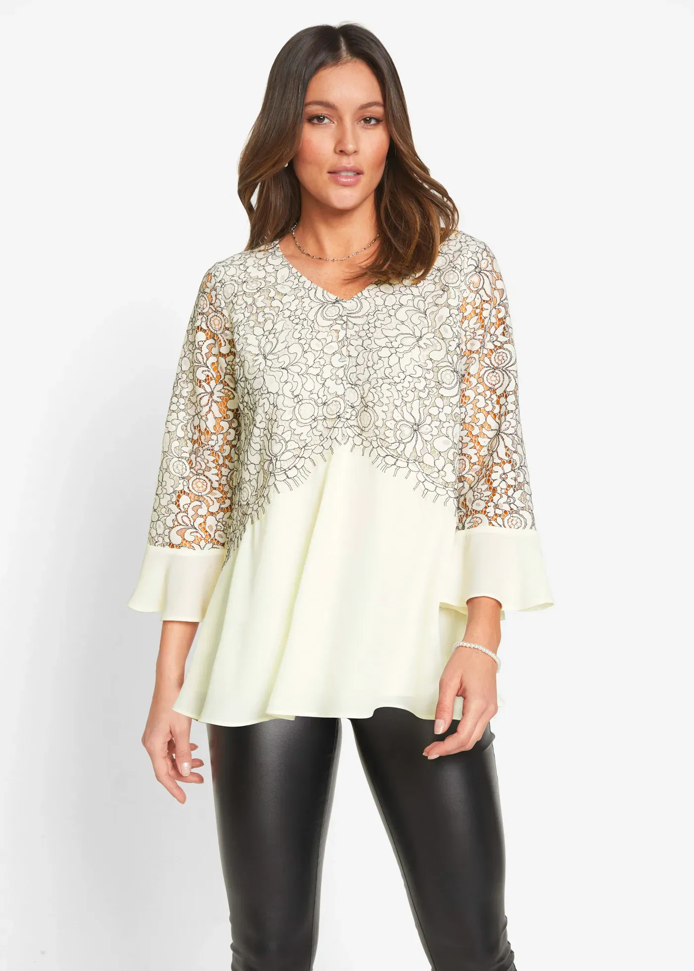 Tunika BONPRIX, Damen, Gr. 48, wollweiß, rauchgrau, Web, Obermaterial: 100% Polyester. Spitze: 60% Baumwolle, 30% Polyamid, 10% Polyester, mehrfarbig, A-Linie Po-bedeckend, V-Ausschnitt, Trompetenärmel Volant, Tuniken, für festliche Anlässe, modischer Spitzenbesatz, 3/4 Ärmel, bequem