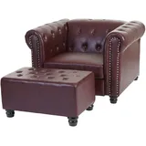 Mendler Luxus Sessel Loungesessel Relaxsessel Chesterfield Kunstleder runde Füße, rot-braun mit Ottomane