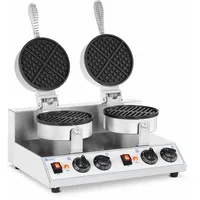 Royal Catering Doppel-Waffeleisen rund 50-300 °C Timer: 1-5 min 2600 W insgesamt separat steuerbar isolierte Handgriffe und rutschfeste Gummifüße belgische Waffeln