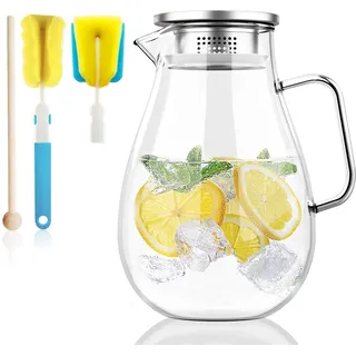 Honneeo Glaskrug 2 Liter 68 Unzen Karaffe mit Filter, Deckel, Rührstab, Reinigungsbürste Eistee Wasserkrug Heißes Kaltes Wasser Eistee Wein Kaffee Milch Saft Getränkekaraffe Glaskaraffe (2000ml)