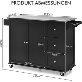Costway Küchenwagen mit Arbeitsplatte aus Edelstahl, Kücheninsel mit 3 Schubladen & Ablage | Schwarz