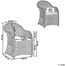 Beliani Gartensessel Susua Rattan 54 x 87 x 67 cm Cremeweiß mit Kissen