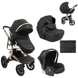 KIKKABOO Kombikinderwagen Irene 3 in 1 Babywanne Autositz Adapter Wickeltasche schwarz gold