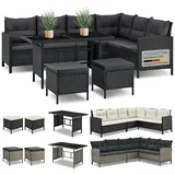 Juskys Gartenlounge Manacor schwarz - Sofa, Tisch, Hocker & Kissen - 7 Personen - Sitzbezüge in Grau