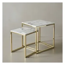 KADIMA DESIGN Beistelltisch Set in Marmor-Optik und goldener Farbe, Moderne und stilvolle Wohnzimmermöbel, 2 Größen, Robustes Metallgestell