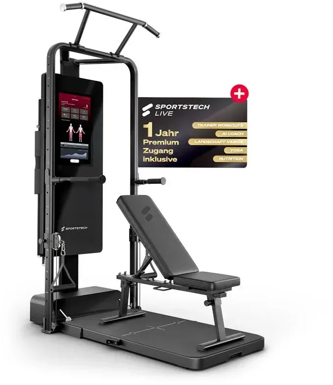 Sportstech Home Gym sGym Pro,  160x90x220cm, 21′′ Touch-Display mit STL App, Trainingsplänen, Workouts und Tracking, Gewichte bis 120 kg, Klimmzug, Dipbar, Kabelzug, 400+ Übungen, Ganzkörpertraining
