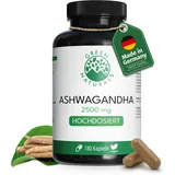 Green Naturals Ashwagandha Kapseln hochdosiert – 2.500 mg Wurzel-Extrakt mit 127 mg Withanoliden – ohne Ethanol-Extraktion – vegan, ohne Zusatzstoffe – 180 Kapseln (2-Monatsvorrat)