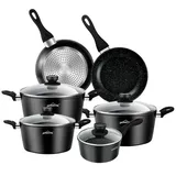 HOMELUX Topf-Set Induktions Töpfe Set Classic Antihaftbeschichtung Kochtopfset, Aluminium (Set, 10-tlg., 4 Töpfe mit Glasdeckel + 2 Pfanne), Induktionsgeeignet schwarz