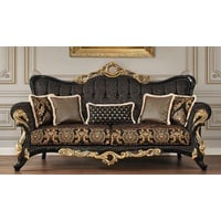 Casa Padrino Luxus Barock Sofa Schwarz/Gold 230 x 80 x H. 126 cm - Prunkvolles Wohnzimmer Sofa mit elegantem Muster und dekorativen Kissen - Barock Wohnzimmer Möbel