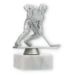 Pokal Kunststofffigur Eishockeyspieler silbermetallic auf weißem Marmorsockel 13,8cm