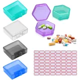 4 quadratische Mini-Pillendosen, 2 sechseckige Pillendosen, 1 Etikettenaufkleber, wasserdicht und feuchtigkeitsbeständig, tragbare Pillendose für Reisen, Geschäftsreisen, Sport (5 Farben)