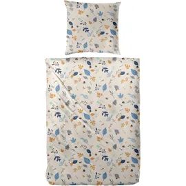 Primera Biber-Bettwäsche Branches floral Blau/Braun 135 x 200 cm + 2 x 80 x 80 cm