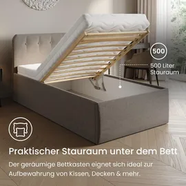home collective Polsterbett 100x200 cm Doppelbett Bett mit verstellbarem Lattenrost & Bettkasten, gepolstertes Kopfteil, Germany | Beige