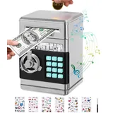 Birshe Elektronische Spardose Kinder Safe, Tresor Digitale ATM Sparschwein Groß mit Niedlichen Aufklebern Weihnachts Geburtstags Geschenke Silbrig