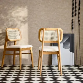 sweeek - 2er-Set Stühle aus Hevea-Holz, Rohrgeflecht und Stoff - Eichenfarben - Beige