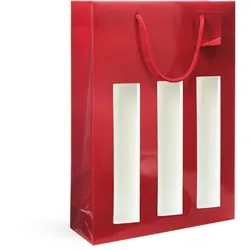 Tasche für 3 Flaschen mit Fenster aus rotem Glanzpapier mit Kordelgriffen je 100 - Gimex