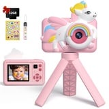 Kinderkamera, Kinder Einhorn Kamera 1080P 2.0”Display Digitalkamera Kinder mit Stativ 32GB Karte, Selfie Fotoapparat Kinder Geschenke für Mädchen ab 3 Jahre und Geburtstag Spielzeug Rosa