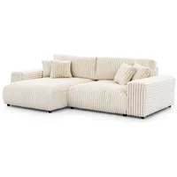 s-style möbel Mollis - Ecksofa mit Schlaffunktion und Bettkasten aus Hellbeige Plüschcord mit schöner Sitzkomfort