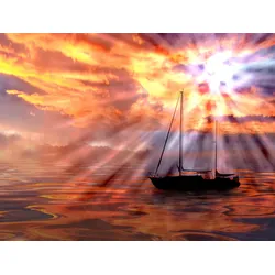 Fototapete PAPERMOON "SONNENUNTERGANG-OZEAN MEER SCHIFF BOOT NATUR LANDSCHAFT", bunt, B:3,00m L:2,23m, Vlies, Tapeten