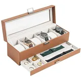 LuxusKollektion Uhrenbox Uhrenbox 6 Fächer Glasdeckel Uhrenkissen 2 Ebenen 6-Slot Khaki beige