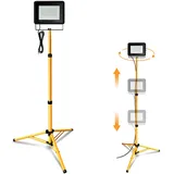 Jiubiaz LED Baustrahler mit Stativ, 50W 4250LM Arbeitsstrahler inkl. Höhenverstellbar Stativ und 1m Kabel, LED Fluter 3000K Warmweiß Wasserdicht IP66 Baulampe für Werkstatt (kein Stecker)