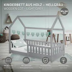 Kinderbett+Matratze Hausbett Bettgestell Einzelbett Lattenrost Grau 80x160 cm
