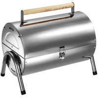 Tectake Edelstahl BBQ Grill mit großer Doppelgrillfläche Holzkohlegrill Grilltonne Silber